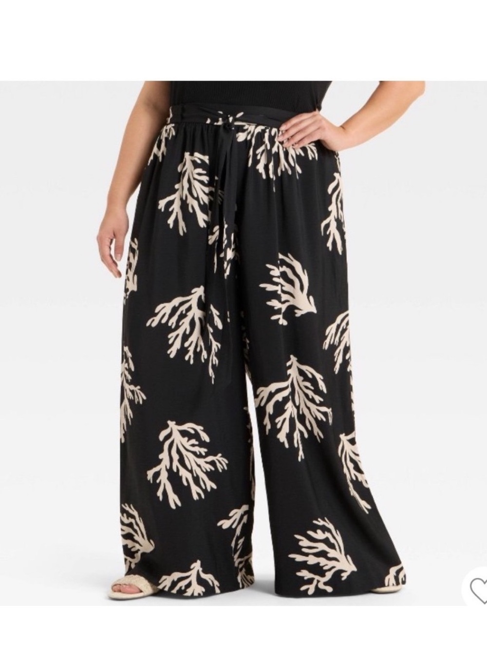 Ava & Viv Black Wide-Leg Pull-On Pants with Cream Coral Print